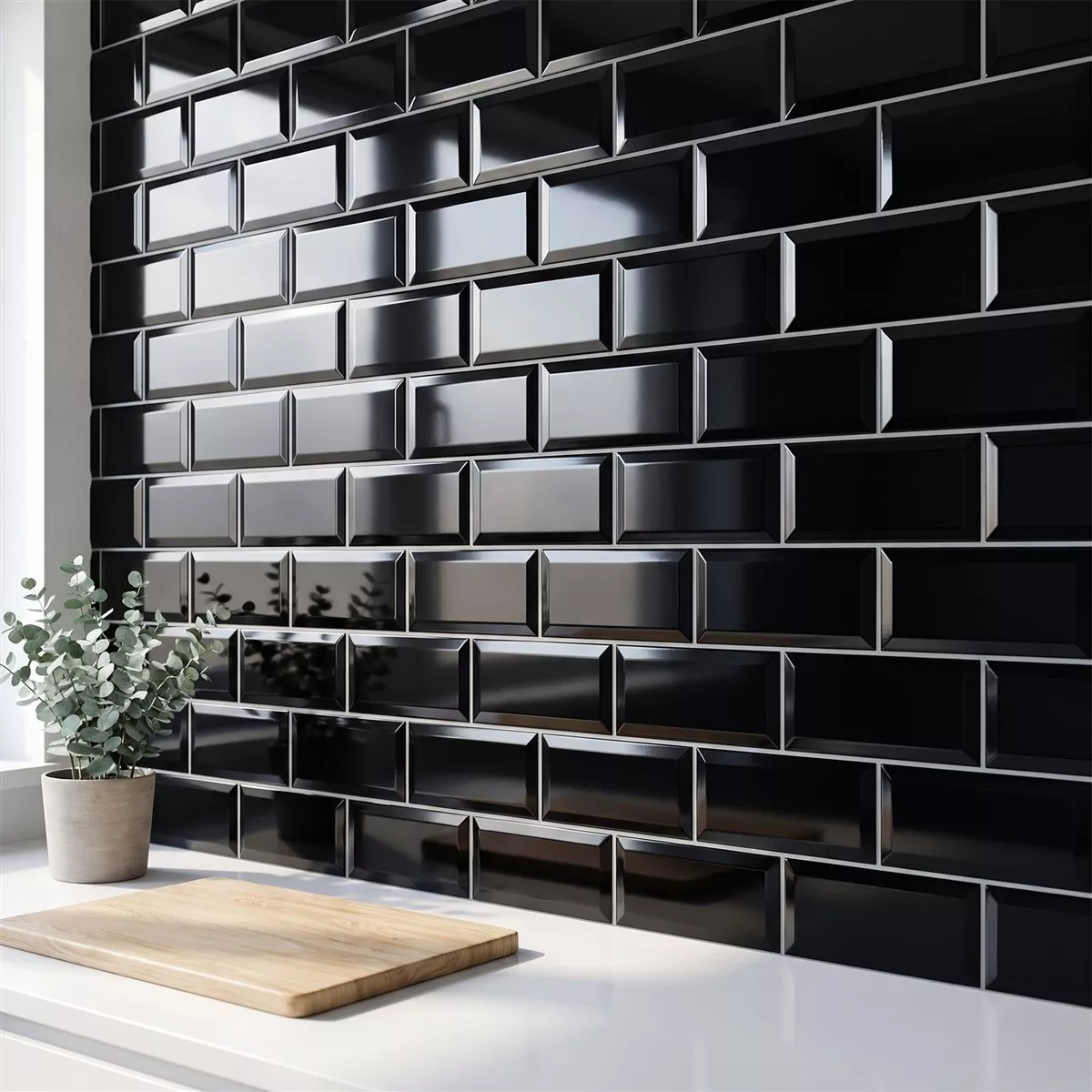 Tigla de metrou Negru Strălucitor 7,5x30 cm Fațetă Freiberg Negro
