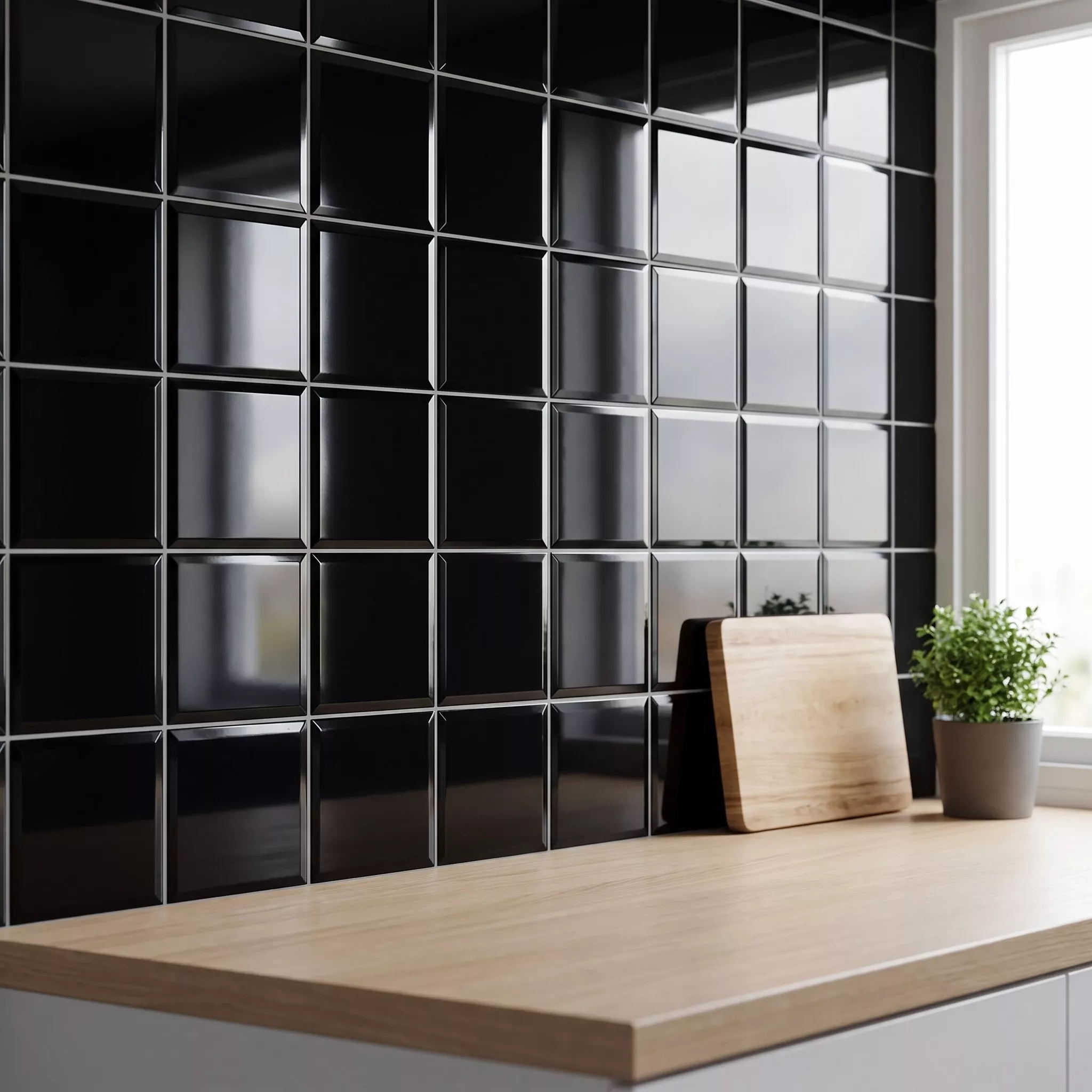 Tigla de metrou Negru Strălucitor 20x20 cm Fațetă Freetown Negro