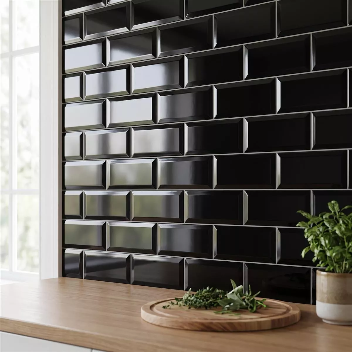 Tigla de metrou Negru Strălucitor 10x30 cm Fațetă El Paso Negro